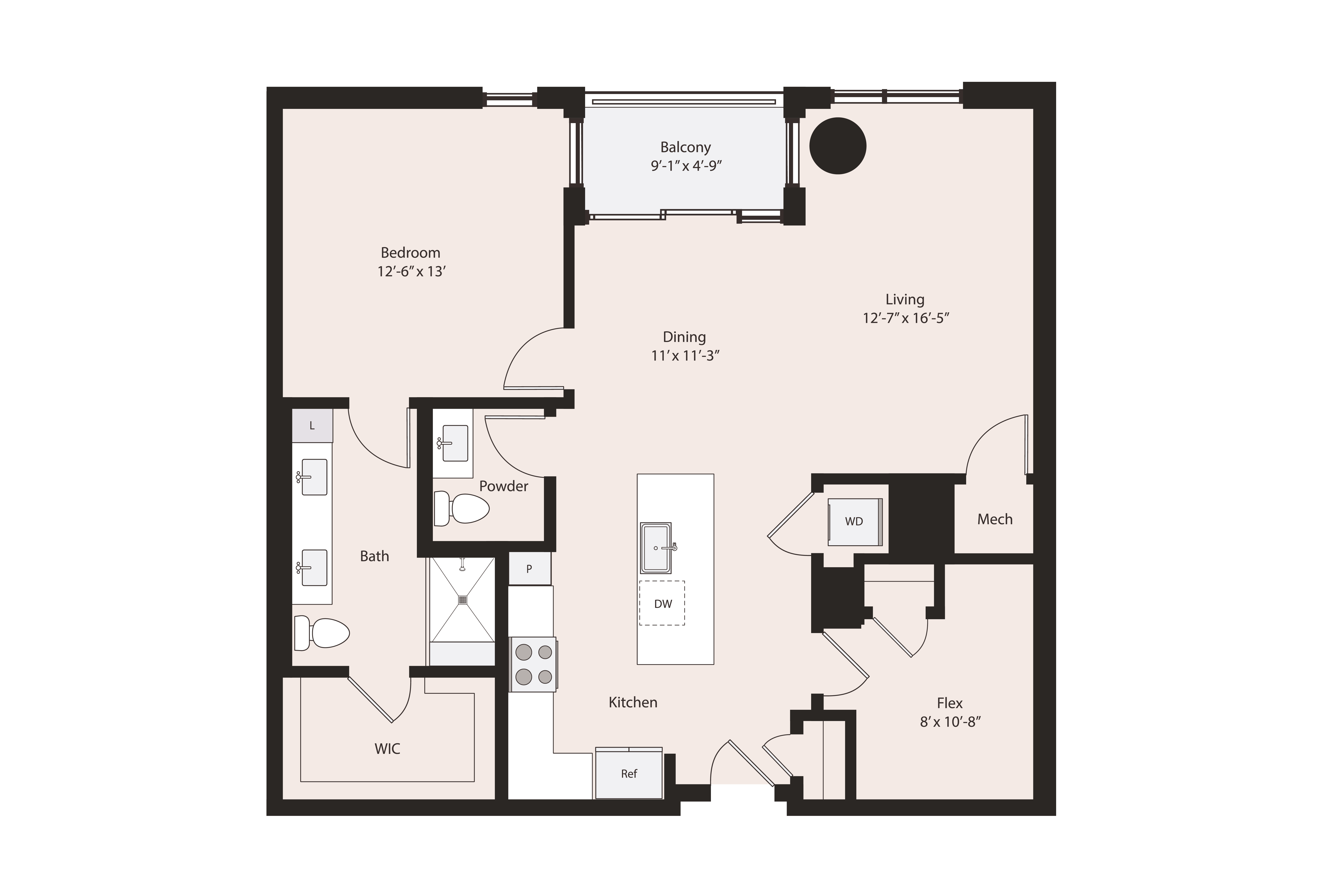 Floor plan layout diagram for 1 Bedroom Plus Den, 1 Bath